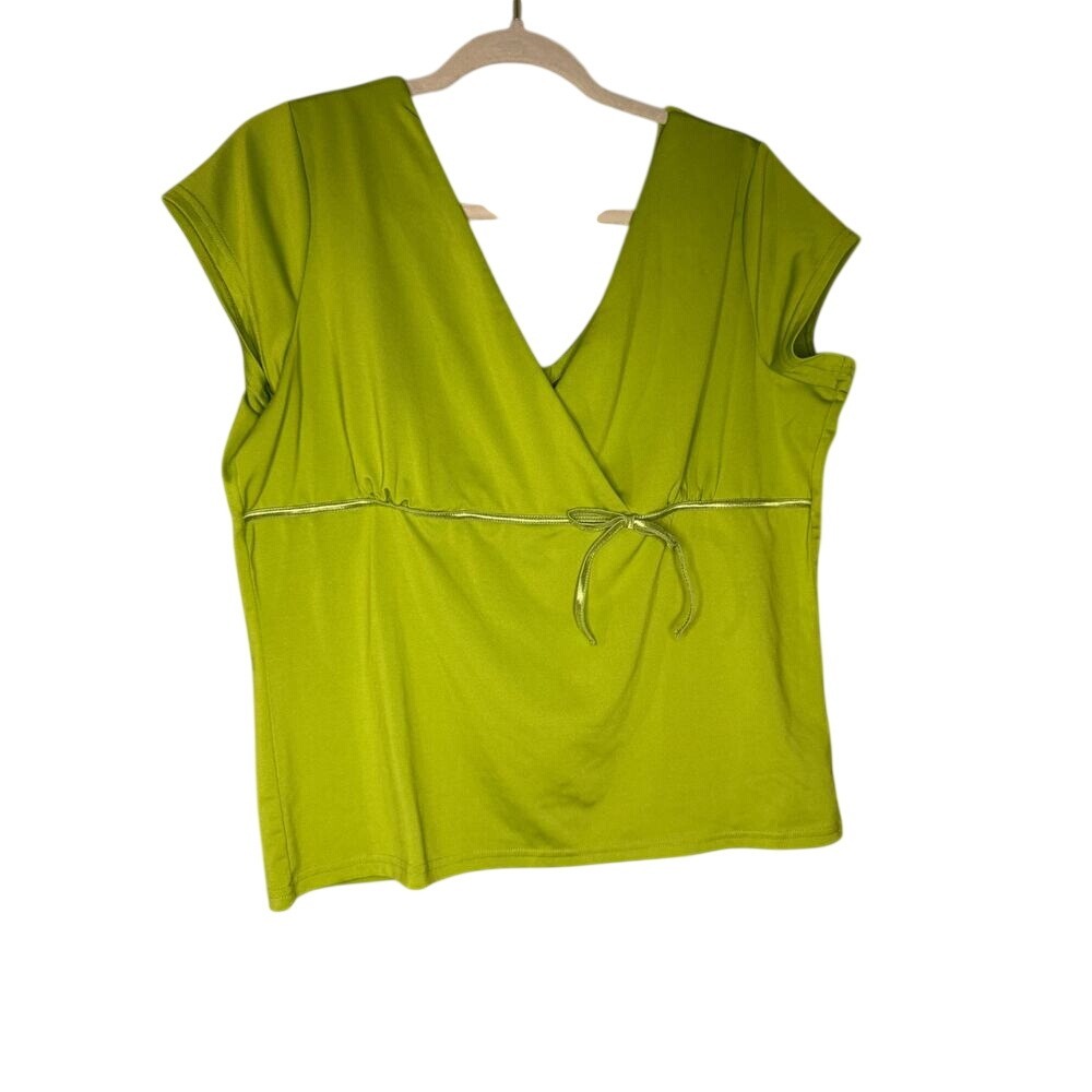 Rickies lime green v neck faux wrap y2k bow short sleeve blouse
